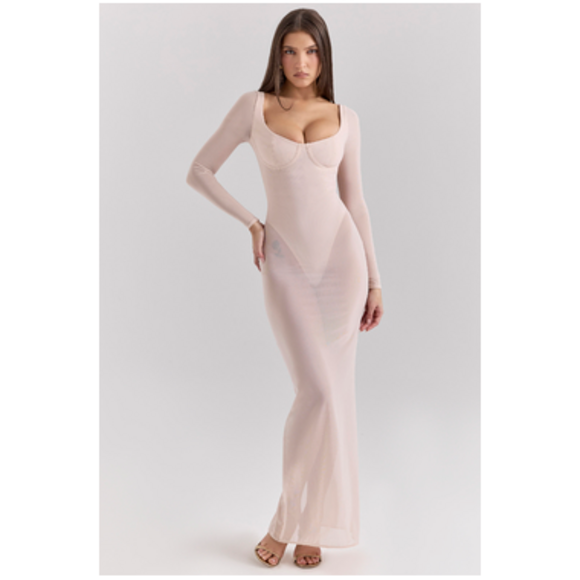 HouseofCB.com Tops - HouseofCB.com Everly Blush Mesh Maxi Dress with Bodysuit in Pink